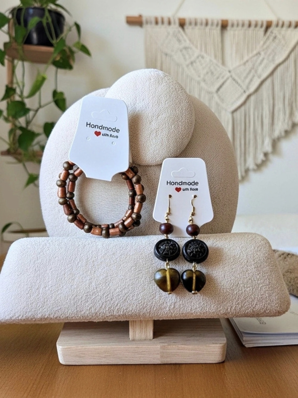 Set: Wood Bead Bracelet & Glass Bead Earrings in Bronze & Brown